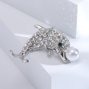 Cute Bright Dolphin Imitation Pearl Brooch with Cubic Zirconia