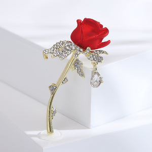 Simple and Romantic Plated Gold Enamel Red Rose Brooch with Cubic Zirconia