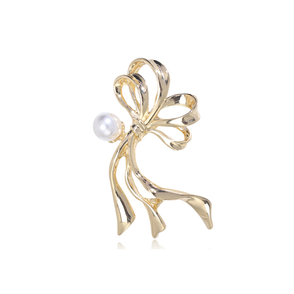 Simple and Elegant Plated Gold Ribbon Imitation Pearl Brooch