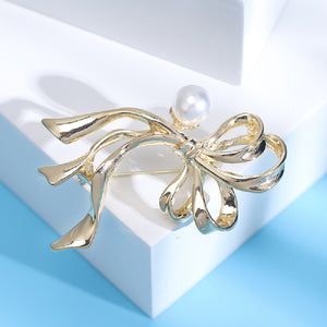 Simple and Elegant Plated Gold Ribbon Imitation Pearl Brooch