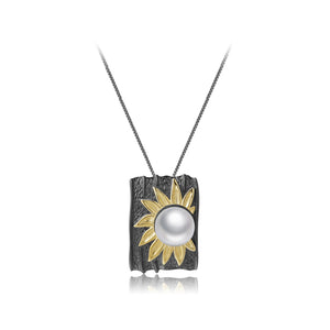 925 Sterling Silver Plated Black Fashion Temperament Gold Sunflower Freshwater Pearl Geometric Pendant with Necklace