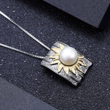Load image into Gallery viewer, 925 Sterling Silver Plated Black Fashion Temperament Gold Sunflower Freshwater Pearl Geometric Pendant with Necklace