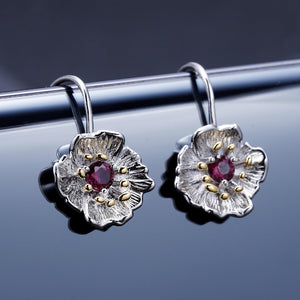 925 Sterling Silver Fashion Temperament Flower Earrings with Garnet