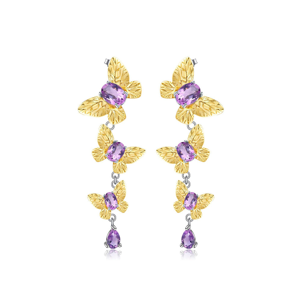 925 Sterling Silver Elegant Gold Butterfly Tassel Earrings with Amethyst