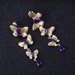 925 Sterling Silver Elegant Gold Butterfly Tassel Earrings with Amethyst