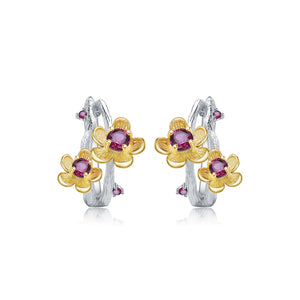 925 Sterling Silver Fashion Simple Gold Flower Garnet Geometric Stud Earrings