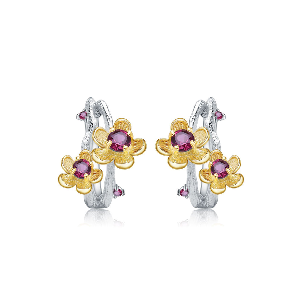 925 Sterling Silver Fashion Simple Gold Flower Garnet Geometric Stud Earrings