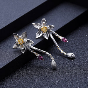 925 Sterling Silver Fashion Temperament Flower Tassel Stud Earrings with Garnet