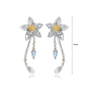 925 Sterling Silver Fashion Temperament Flower Tassel Stud Earrings with Blue Topaz