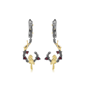 925 Sterling Silver Plated Black Fashion Simple Gold Bird Geometric Earrings with Garnet