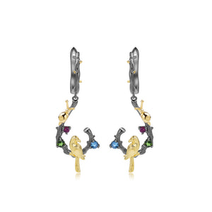925 Sterling Silver Plated Black Fashion Simple Gold Bird Geometric Earrings with Natural Gemstones