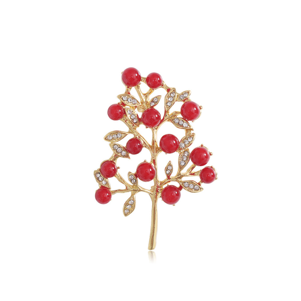 Fashion Temperament Plated Gold Vegetal Red Imitation Pearl Brooch with Cubic Zirconia