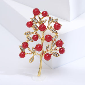 Fashion Temperament Plated Gold Vegetal Red Imitation Pearl Brooch with Cubic Zirconia