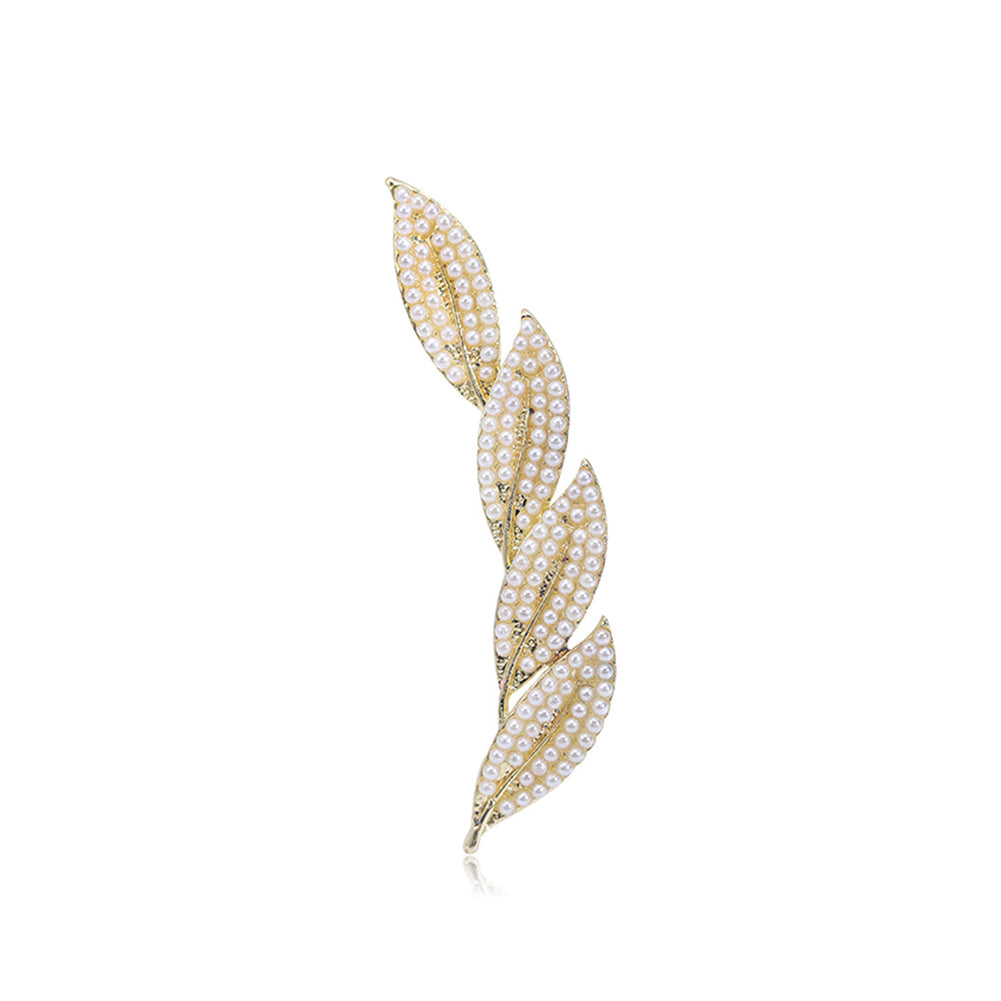 Elegant Temperament Plated Gold Leaves Imitation Pearl Brooch