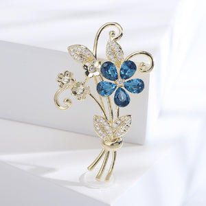 Simple Temperament Plated Gold Flower Brooch with Blue Cubic Zirconia
