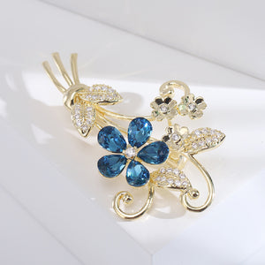 Simple Temperament Plated Gold Flower Brooch with Blue Cubic Zirconia