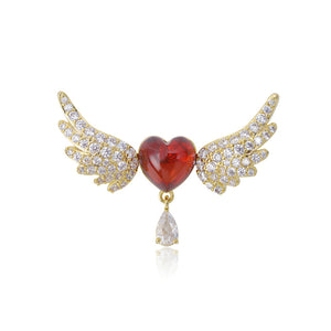 Brilliant Romantic Plated Gold Heart Angel Wings Brooch with Cubic Zirconia
