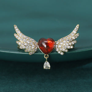 Brilliant Romantic Plated Gold Heart Angel Wings Brooch with Cubic Zirconia