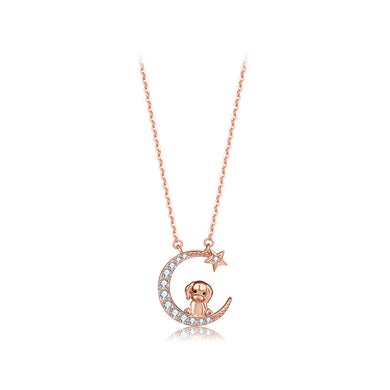 925 Sterling Silver Plated Rose Gold Fashion Simple Twelve Zodiac Dog Moon Pendant with Cubic Zirconia and Necklace