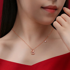 925 Sterling Silver Plated Rose Gold Fashion Vintage Blessing Rabbit Pendant with Imitation Agate and Necklace