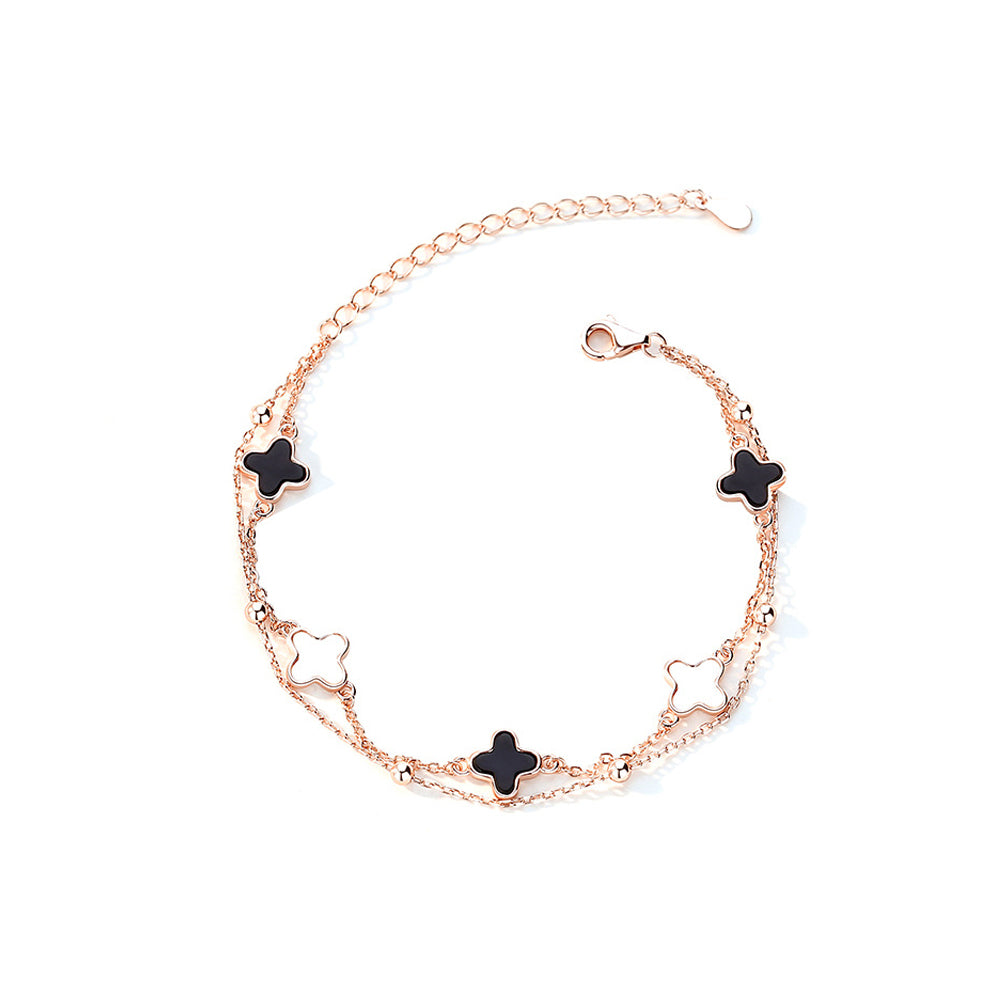 925 Sterling Silver Plated Rose Gold Fashion Temperament Four- Leafed Clover Double Layer Bracelet with Imitation Black Agate and Mother-of-pearl