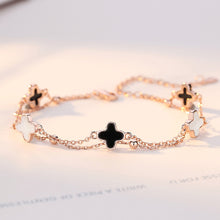 Load image into Gallery viewer, 925 Sterling Silver Plated Rose Gold Fashion Temperament Four- Leafed Clover Double Layer Bracelet with Imitation Black Agate and Mother-of-pearl