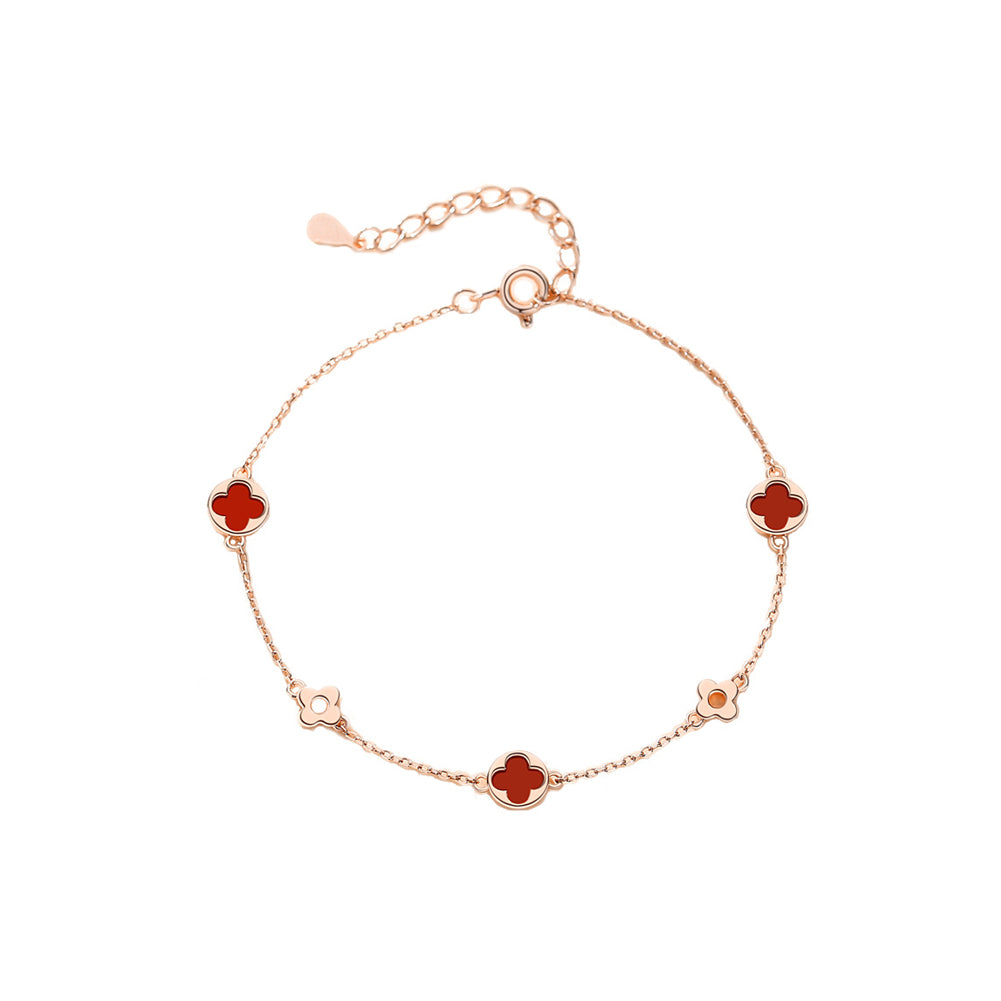 925 Sterling Silver Plated Rose Gold Fashion Simple Red Four- Leafed Clover Bracelet
