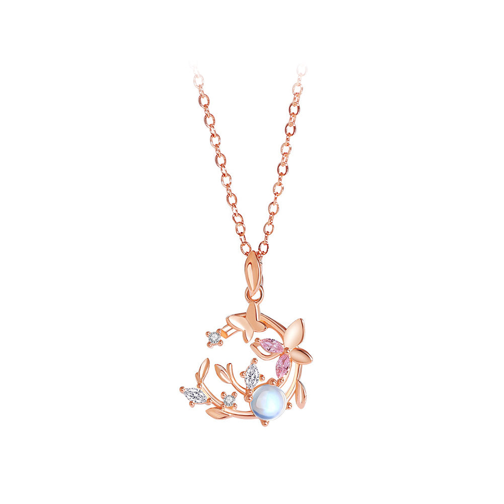 925 Sterling Silver Plated Rose Gold Fashion Temperament Butterfly Moonstone Pendant with Cubic Zirconia and Necklace