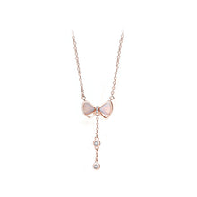 Load image into Gallery viewer, 925 Sterling Silver Plated Rose Gold Simple Sweet Ribbon Mother Of Pearl Tassel Pendant with Cubic Zirconia and Necklace