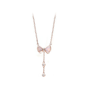 925 Sterling Silver Plated Rose Gold Simple Sweet Ribbon Mother Of Pearl Tassel Pendant with Cubic Zirconia and Necklace
