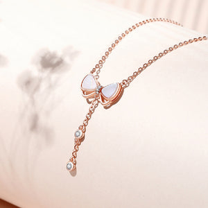 925 Sterling Silver Plated Rose Gold Simple Sweet Ribbon Mother Of Pearl Tassel Pendant with Cubic Zirconia and Necklace