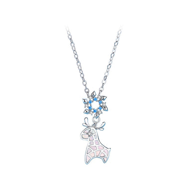 925 Sterling Silver Fashion Cute Christmas Elk Snowflake Pendant with Cubic Zirconia and Necklace