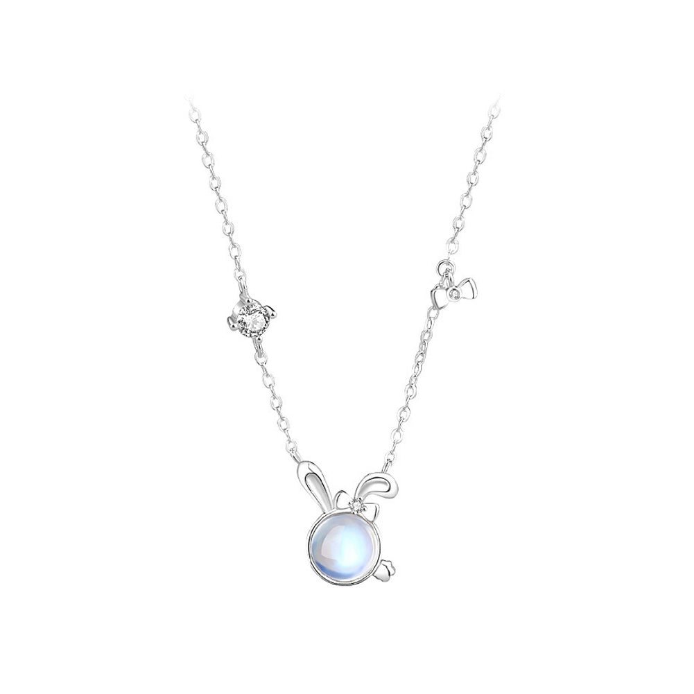 925 Sterling Silver Simple and Cute Rabbit Moonstone Pendant with Cubic Zirconia and Necklace