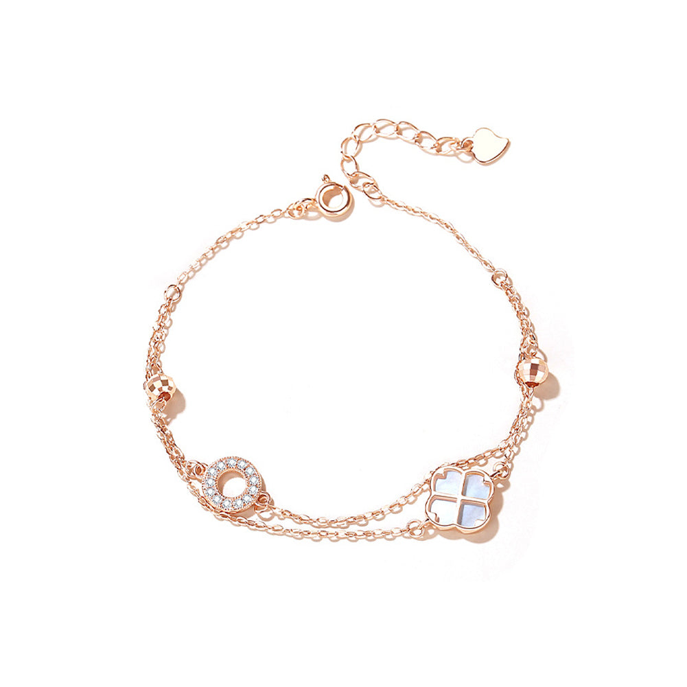 925 Sterling Silver Plated Rose Gold Fashion Temperament Four-leafed Clover Circle Double Layer Bracelet with Cubic Zirconia