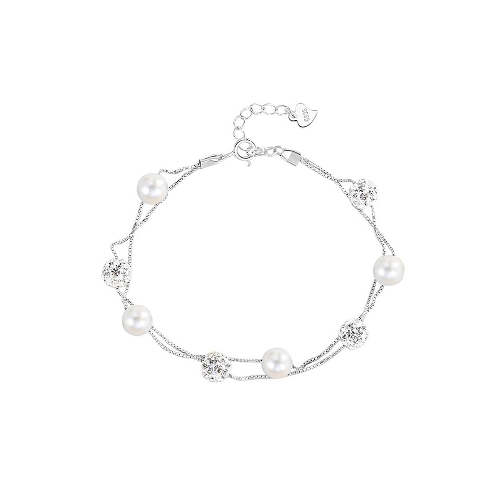 925 Sterling Silver Simple Temperament Round Bead Imitation Pearl Beaded Double Layer Bracelet with Cubic Zirconia