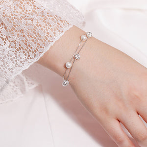 925 Sterling Silver Simple Temperament Round Bead Imitation Pearl Beaded Double Layer Bracelet with Cubic Zirconia