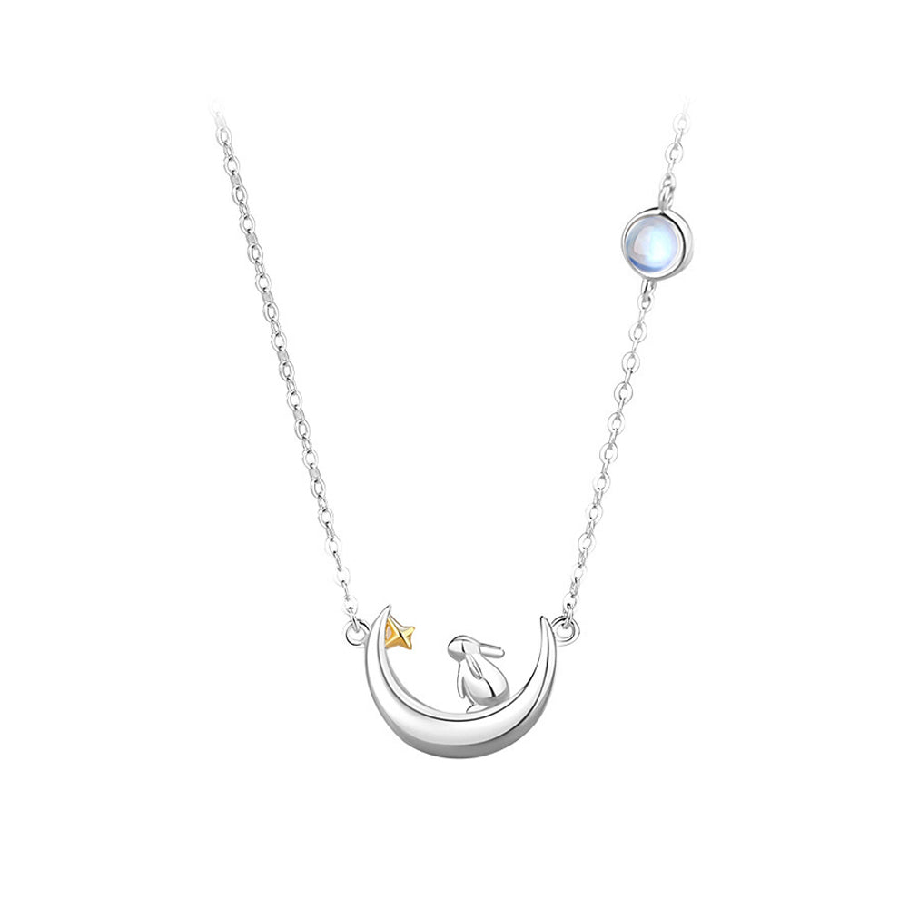 925 Sterling Silver Simple Fashion Rabbit Moon Pendant with Moonstone and Necklace