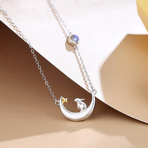 925 Sterling Silver Simple Fashion Rabbit Moon Pendant with Moonstone and Necklace