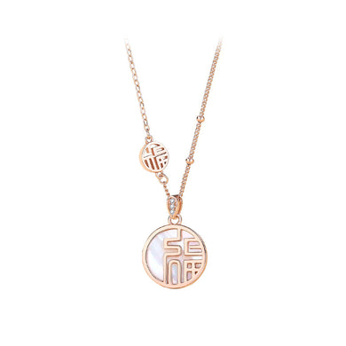925 Sterling Silver Plated Rose Gold Fashion Vintage Fu Geometric Round Mother-of-pearl Pendant with Necklace