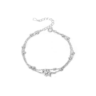 925 Sterling Silver Fashion Temperament Hollow Star Bead Double Layer Bracelet with Cubic Zirconia