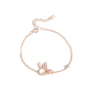 925 Sterling Silver Plated Rose Gold Simple Cute Hollow Rabbit Ring Bracelet with Cubic Zirconia