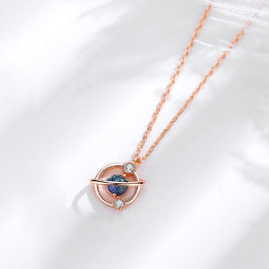 925 Sterling Silver Plated Rose Gold Fashion Personality Planet Pendant with Cubic Zirconia and Necklace
