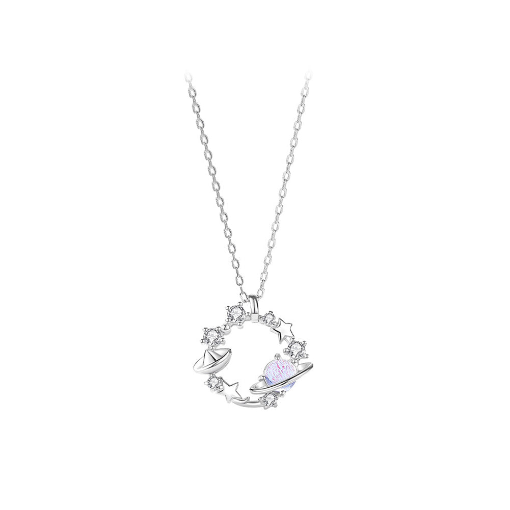 925 Sterling Silver Fashion Creative Planet Geometric Pendant with Cubic Zirconia and Necklace