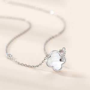 925 Sterling Silver Simple and Fashion Four-leafed Clover Mother-of-pearl Pendant with Cubic Zirconia and Necklace