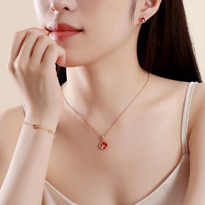 925 Sterling Silver Plated Rose Gold Fashion Temperament Ginkgo Leaf Four-leafed Clover Red Imitation Agate Pendant with Necklace