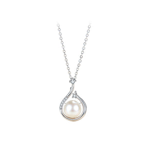 925 Sterling Silver Fashion Elegant Water Drop Shape Geometric Imitation Pearl Pendant with Cubic Zirconia and Necklace