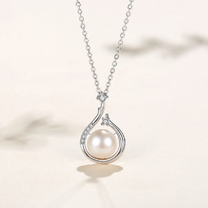 925 Sterling Silver Fashion Elegant Water Drop Shape Geometric Imitation Pearl Pendant with Cubic Zirconia and Necklace