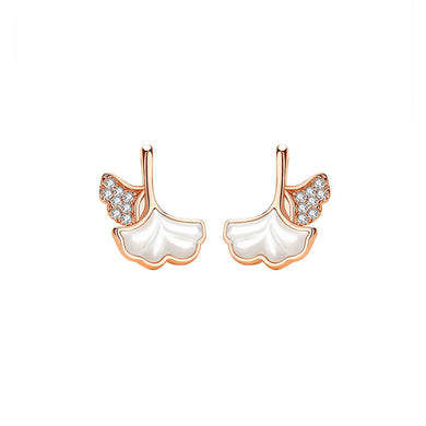 925 Sterling Silver Plated Rose Gold Simple Fashion Ginkgo Leaf Mother-of-pearl Stud Earrings with Cubic Zirconia