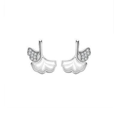 925 Sterling Silver Simple Fashion Ginkgo Leaf Mother-of-pearl Stud Earrings with Cubic Zirconia