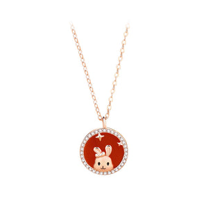 925 Sterling Silver Plated Rose Gold Simple Cute Rabbit Round Red Imitation Agate Pendant with Cubic Zirconia and Necklace